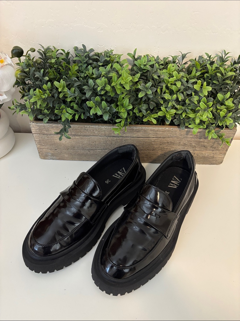 Zara Women’s Patent Black Lug-Sole Penny Loafers